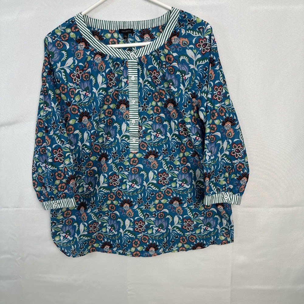Talbots Top Blouse Women's Sz L Split Neck Popover Teal Blue Jacobean Floral